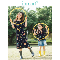 茵曼夏装圆领趣味印花收腰显瘦宽松中长款短袖连衣裙女