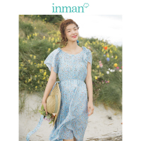 茵曼裙子夏小清新2019新款方领飞飞袖松紧腰蓝色碎花连衣裙中长裙