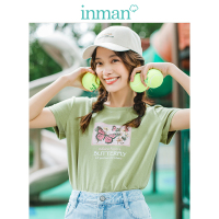 茵曼纯棉T恤女短袖2019夏装新款圆领蝴蝶字母印花上衣修身显瘦潮