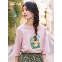 茵曼T恤女2019夏装新款圆领印花休闲显瘦宽松落肩袖中长款上衣