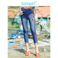 茵曼2019夏装新款复古港风不规则高腰紧身小脚毛边牛仔裤女九分裤