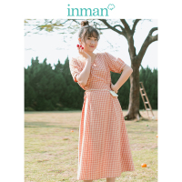 茵曼年轻文艺风2019夏装新款青春少女学生短袖棉麻格子连衣裙气质