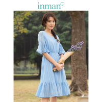 茵曼2019夏装新款V领文艺小清新条纹喇叭中袖海蓝色荷叶摆连衣裙