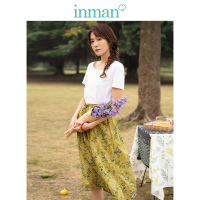 茵曼2019夏装新款白色短袖文艺复古碎花显瘦A字假两件连衣裙女