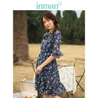 茵曼2019夏装新款V领文艺复古碎花度假风收腰显瘦中袖连衣裙女