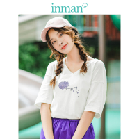 茵曼短袖衫女2019夏季纯棉V领文字印花宽松百搭T恤上衣小清新