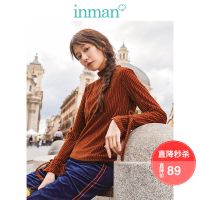 茵曼2019春装新款立领系带喇叭袖丝绒显瘦套头T恤女立领复古上衣