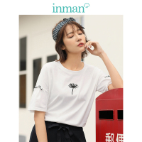 茵曼2019夏装新款圆领文艺小清新绣花宽松休闲显瘦落肩短袖T恤女