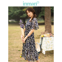 茵曼雪纺连衣裙2019夏装新款V领复古宝蓝色碎花裙荷叶边显瘦裙子