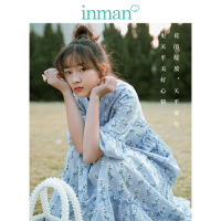 茵曼年轻文艺风2019夏季木耳边蓝色碎花连衣裙仙气少女长裙子