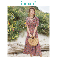 茵曼裙子女2019夏季新款文艺复古收腰显瘦碎花荷叶边连衣裙长裙