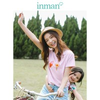 茵曼V领粉色可爱印花T恤女短袖