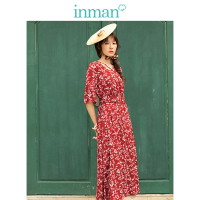 茵曼2019夏装新款V领碎花收腰显瘦复古度假风长款中袖连衣裙女