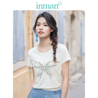 茵曼T恤女2019夏装新款棉质圆领文艺蝴蝶绣花复古显瘦短袖上衣