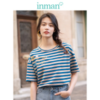 茵曼条纹T恤女2019夏装新款纯棉落肩袖印花宽松显瘦短袖圆领上衣