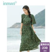 茵曼女装夏新款收腰喇叭袖小清新绿色碎花连衣裙女中长裙气质裙