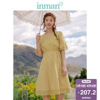 茵曼裙子女2019夏季新款文艺复古纯棉蕾丝V领收腰法国小众连衣裙