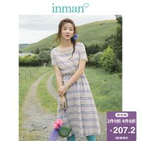 茵曼裙子女2019夏季新款文艺复古交叉方领收腰印花连衣裙女小众