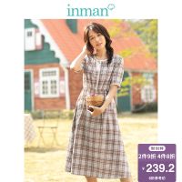 茵曼裙子女2019夏季新款文艺复古田园花边格纹收腰连衣裙女中长款