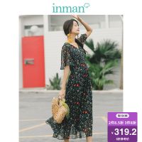 茵曼裙子女2019夏季新款文艺复古宽松V领收腰碎花雪纺连衣裙长款