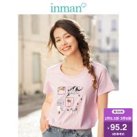 茵曼T恤女2019夏装新款纯棉圆领短袖个性猫咪印花趣味学生上衣
