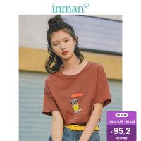 茵曼2019夏装新款纯棉圆领落肩袖宽松文艺个性可爱印花百搭T恤女