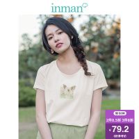 茵曼T恤女2019夏装新款圆领蝴蝶印花文艺小清新显瘦休闲短袖上衣