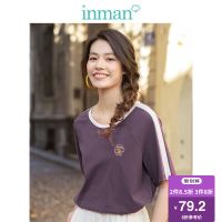 茵曼撞色T恤女2019夏装新款纯棉圆领短袖宽松绣花简约休闲上衣