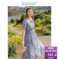 茵曼裙子女2019夏季文艺气质系带收腰v领碎花收腰连衣裙中长款A字