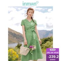 茵曼裙子女2019夏季文艺清新v领收腰系带复古波点连衣裙衬衫裙A字