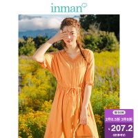 茵曼裙子女2019夏季新款文艺清新镂空v领蝙蝠袖系带连衣裙女收腰