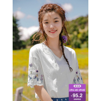 茵曼2019夏装新款纯棉气质V领落肩绣花喇叭中袖文艺百搭T恤上衣女