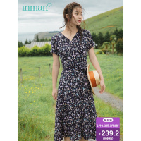 茵曼裙子女2019夏季新款文艺复古系带V领碎花连衣裙收腰中长款A字