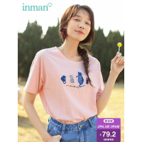 茵曼2019夏装新款猫咪绣花韩版潮流休闲百搭宽松显瘦落肩袖T恤女