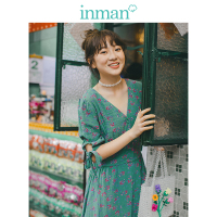 茵曼年轻文艺风2019夏装新款高腰蝴蝶结绿色碎花连衣裙气质长裙女