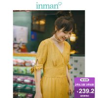 茵曼年轻文艺风2019夏装新款法式优雅蝴蝶结短袖高腰连衣裙长裙子