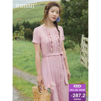 茵曼裙子女2019夏季新款文艺复古绣花V领A字绑带显瘦收腰连衣裙女