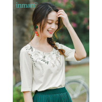 茵曼T恤女清新2019夏装新款圆领文艺印花休闲宽松显瘦中袖上衣