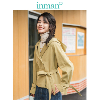 茵曼春秋装新款棉质英伦风连帽中性短外套配腰带女