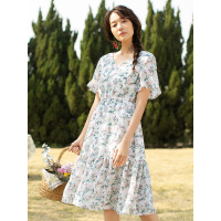 茵曼裙子女2019夏季新款文艺V领系带收腰碎花雪纺连衣裙女中长款