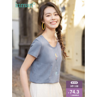 茵曼T恤女2019夏装新款纯棉小清新文艺绣花短袖休闲圆领恤衫上衣