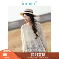 茵曼2018夏装新款圆领花纱七分袖百搭蝙蝠袖针织衫女