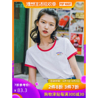 茵曼T恤女2019夏装新款弹性棉撞色圆领短袖绣花简约学生文艺上衣