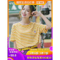 茵曼2019夏装新款纯棉圆领落肩袖清新条纹绣花百搭文艺T恤上衣女