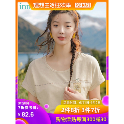 茵曼T恤女2019夏装新款圆领蝙蝠袖文艺图案印花白色短袖体恤上衣