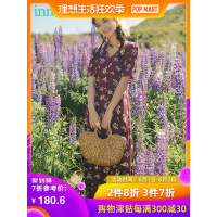 茵曼裙子女2019夏季新款复古气质印花v领短袖连衣裙收腰长款a字裙