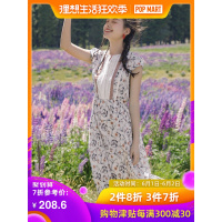 茵曼棉麻裙子女2019夏季新款文艺气质亚麻短袖小v领印花连衣裙a字