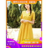 茵曼裙子女2019夏季新款甜美绣花镂空花边v领收腰连衣裙松紧腰