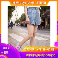 茵曼夏装新款纯棉中腰收褶配腰带浅蓝休闲裤直筒裤短裤女显瘦