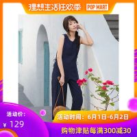 茵曼裤子新款宝蓝色抽身无袖系带亚麻连衣裤夏阔腿裤女连体裤